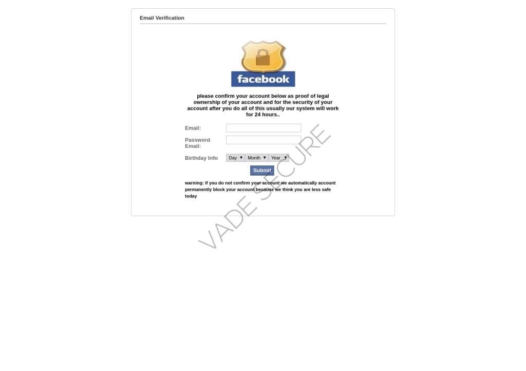 Facebook email verification phishing page