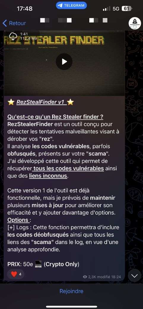 Scama - RezStealerFinder app for sale on Telegram