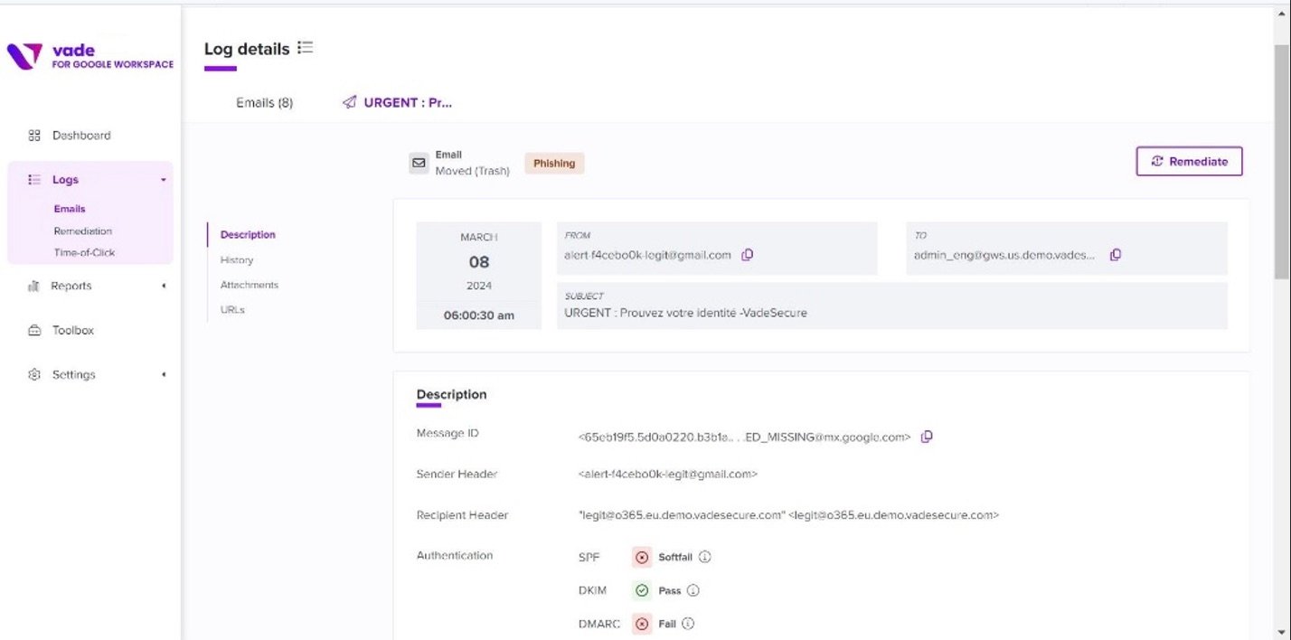Vade for Google Workspace email log details