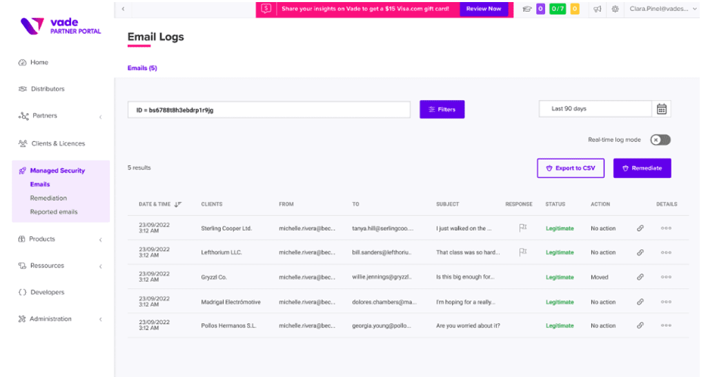 Anti-phishing software – Email logs screen in Vade for M365