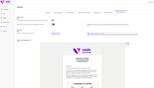 Phishing training – Vade Threat Coach™ admin settings