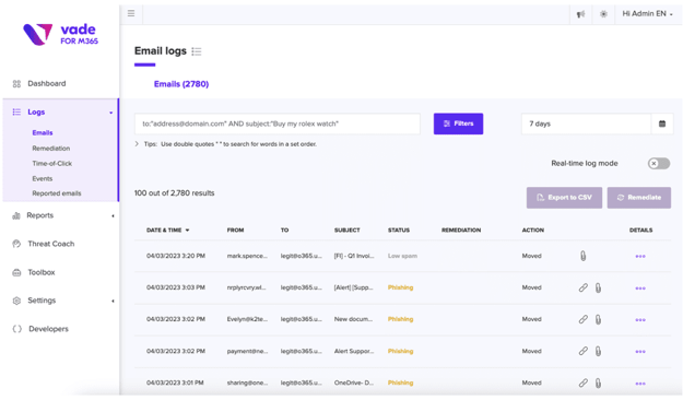 Email logs reveal email senders and recipients, as well as the subject lines of malicious emails.